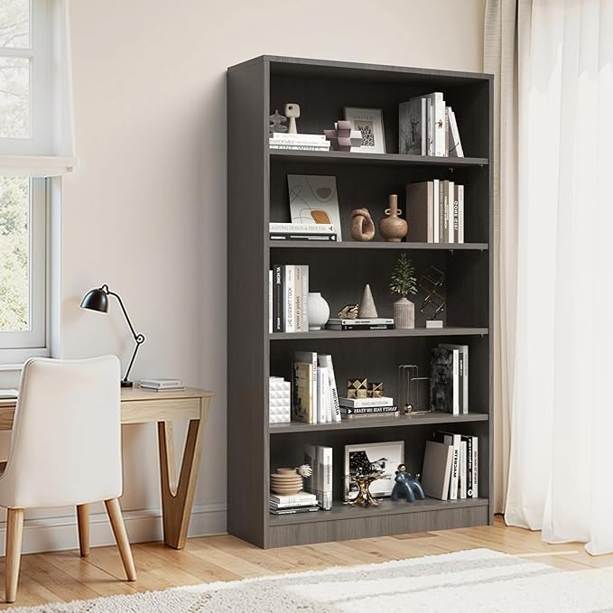 Farini 60 Inch Tall 5-Shelf Bookcase, Wood Bookshelf Storage Organizer Adjustable Shelf for Home Office, Study Room, Easy Assembly,Grey