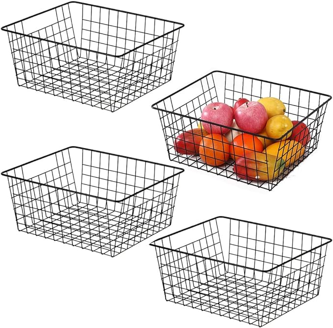 Kitchen Wire Baskets Farmhouse Decor Metal Food Storage Organizer,Household Refrigerator Bin with Built-in Handles for Cabinets,Pantry,Bathroom,Black