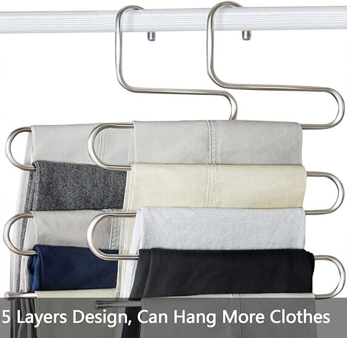devesanter Pants Hangers Non-Slip S-Shape Trousers Hangers Stainless Steel & Rubber Clothes Hangers Closet Storage Organizer for Pants Jeans Scarf (6 Pack with 10 Clips)-NeatNest