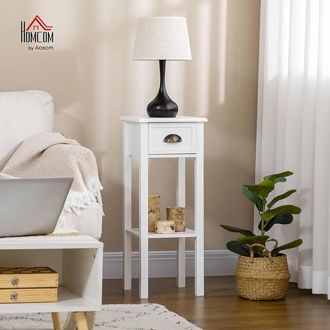 HOMCOM 2-Tier Side Table with Drawer, Narrow End Table with Bottom Shelf, for Living Room, Set of 1, White