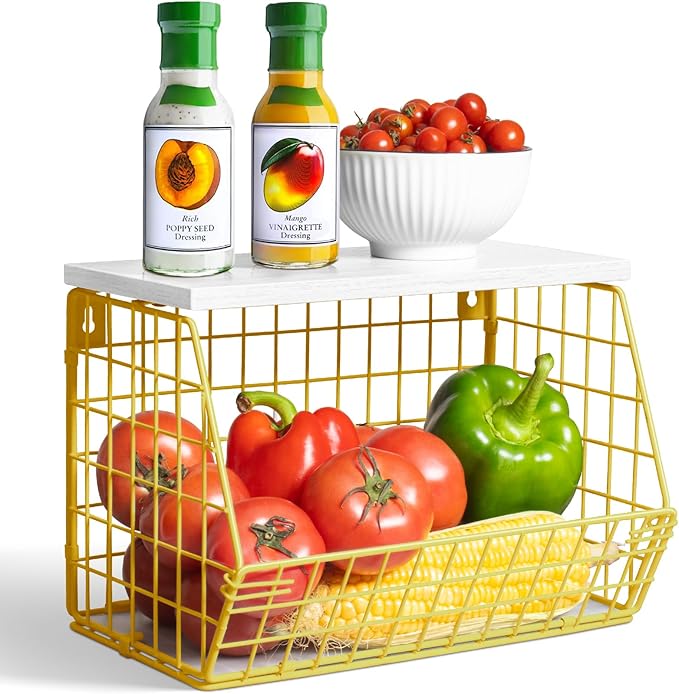 Gold Wire Basket for Organizing, Onion Storage, Hanging Wall Mount Fruit and Vegetable Storage for Pantry Organization, Sturdy Wire Metal Fruit Basket with Lid for Kitchen Laundry Countertop