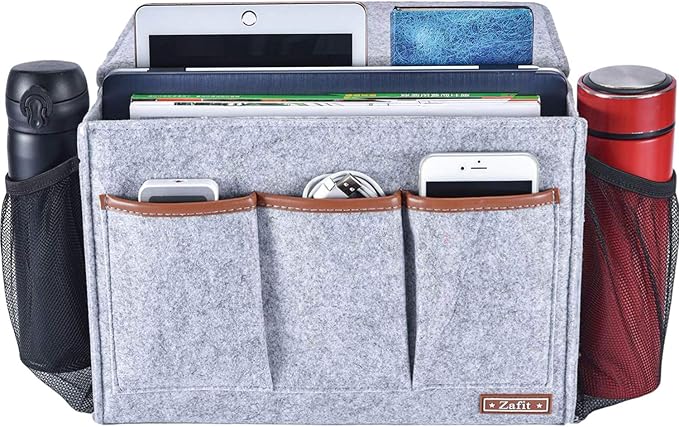 Bedside Caddy, Large Size Storage Organizer with 8 Pockets - Perfect for Magazine, Remotes, Phone (13.4'' x 18.1'', Light Grey)-NeatNest