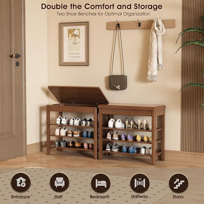 Shoe Rack Bench Seat Rubberwood 3-Tier Wooden Storage Bench 550lbs Compact Mid-Century Modern Design for Entryway, Hallway, Closet, Front Door Entrance, Foyer-NeatNest