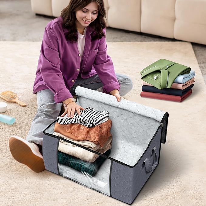Fab totes 3-Pack Clothes Storage, Foldable Blanket Storage Bags, Containers for Organizing Bedroom, Closet, Clothing, Comforter, Organization with Lids and Handle, Grey-NeatNest