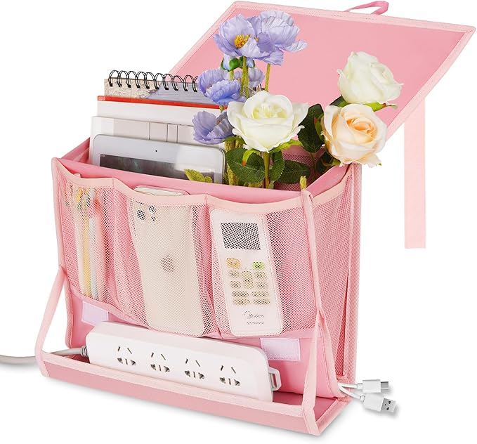 Bedside Caddy Bedside Storage Organizer Bedside Organizer with Power Strip Holder and 2 Adjustable Straps for Home Bunk Bed Dorm Sofa (Pink)-NeatNest