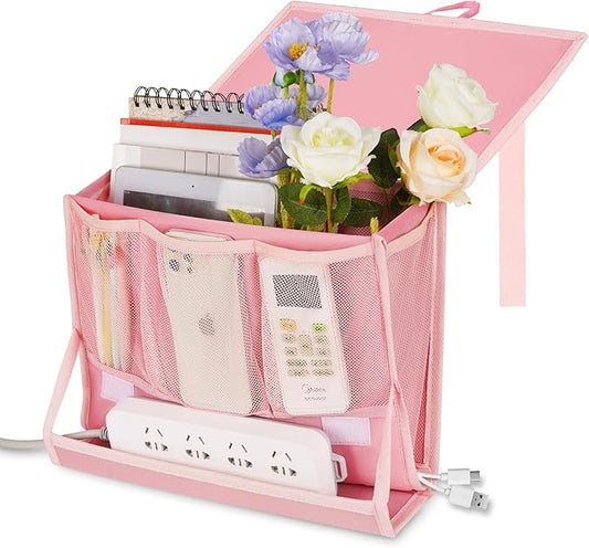 Bedside Caddy Bedside Storage Organizer Bedside Organizer with Power Strip Holder and 2 Adjustable Straps for Home Bunk Bed Dorm Sofa (Pink)-NeatNest