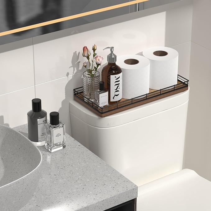 Acacia Bathroom Toilet Tank Tray, 13" Wood Toilet Paper Storage Basket Back of Toilet Basket Organizer, Vanity Tray for Perfume Makeup Candle Kitchen Counter Coffee Table Decor-NeatNest