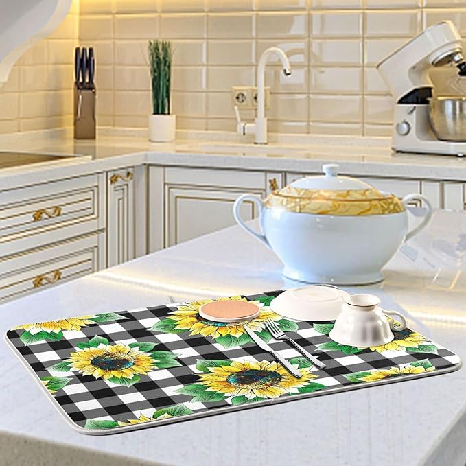 Absorbent Dish Drying Mat for Kitchen Counter - Sunflower Lattices Vintage Microfiber Drying Pad, Reversible Drainer Mats for Countertop, Large 18" x 24"