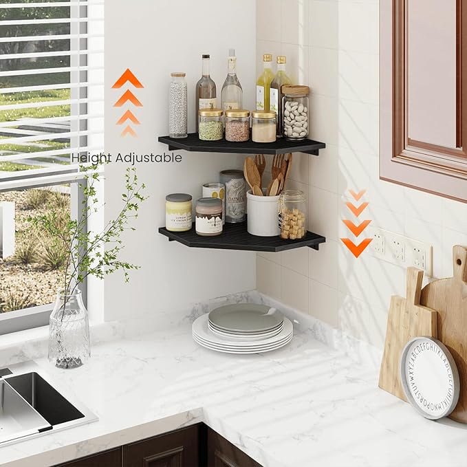 Homode Corner Shelf Wall Mount, Set of 2 Corner Floating Shelves with Wire Hole for TV, Cable Box, Wood Hanging Storage Shelf Organizer for Bathroom Kitchen Living Room Bedroom, Black-NeatNest