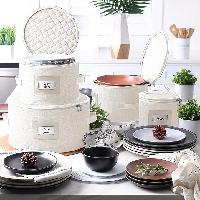 Fine China Storage Containers, 5 Piece Quilted Dish Storage Containers, Mug, Cup, and Plate Dish Organizer with Felt Dividers, Service of 12 Dinnerware Boxes for Moving, Seasonal Organization, Cream-NeatNest