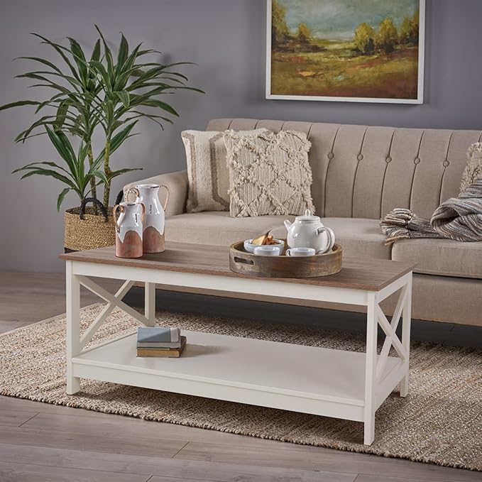 Sophia & William Farmhouse Coffee Table with Storage Shelf for Living Room, Ivory-NeatNest