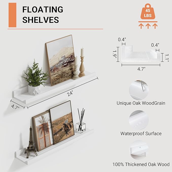 24 Inches Long Floating Shelves Wall Mounted, Picture Ledge Shelf for Wall Decor Living Room Bathroom Kitchen,2 Set Rustic White Wall Shelf for Bedroom, Nursery Book Shelf with Lip-NeatNest