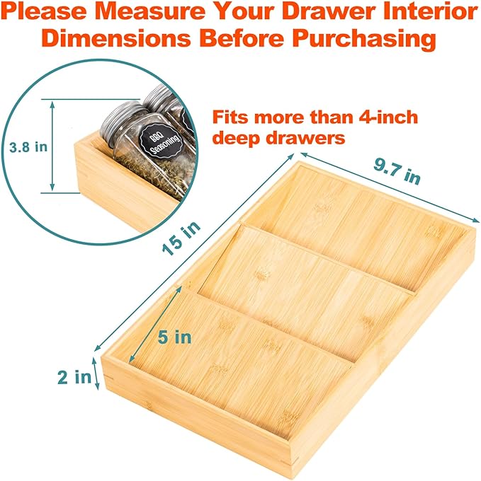 Bamboo Spice Rack Organizer for Drawer 3 Tier Bamboo Spice Tray Cabinet for Kitchen Storage and Organizer (Pre-Measure Your Drawer)(1 Pack, Drawer)-NeatNest
