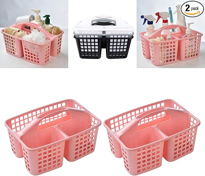 Portable Shower Caddy Basket,Convenient Cleaning Supplies Organizer with Compartments and Handle,Ideal for Bathroom, Bedroom, Kitchen, College Dorm,Garden,etc.pink-2 Pcs