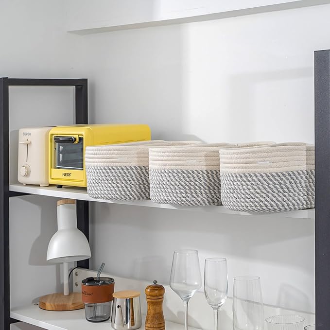 CubesLand Small Baskets, Storage Baskets for Organizing Shelves, Rectangular Woven Storage Basket Natural Cotton Rope Bins Closet Baby Nursery Empty Gifts Basket Off White/Mixed Gray-NeatNest