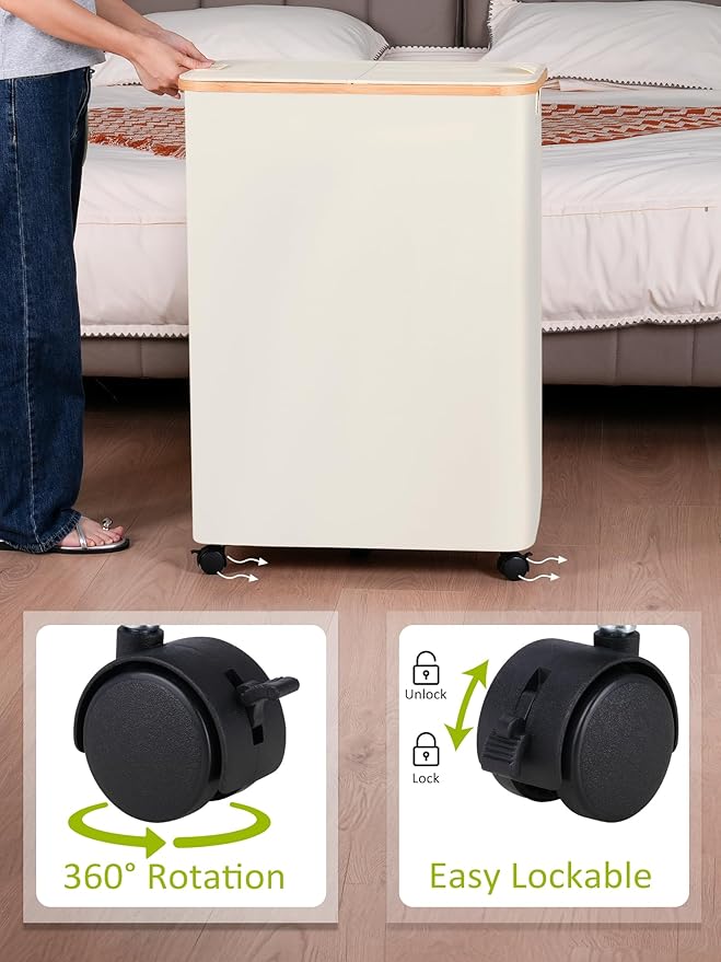 efluky Double Laundry Hamper with Wheels, Divided Laundry Hamper with Removable Bags, 2 Section Dirty Clothes Basket with Handles for Bathroom, Bedroom & Laundry Room, 160L Beige-NeatNest