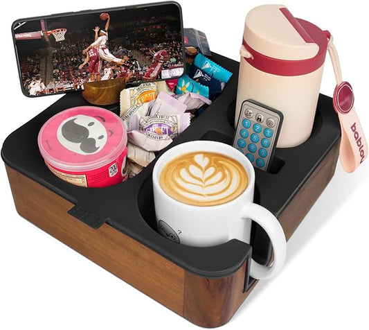 Couch Cup Holder Tray, Real Acacia Wooden Caddy with Soft Silicone, Snack and Drink Organizer- Perfect Movie Night Accessories for Bed, Remote and Cup Holders for Sofa (Black)-NeatNest