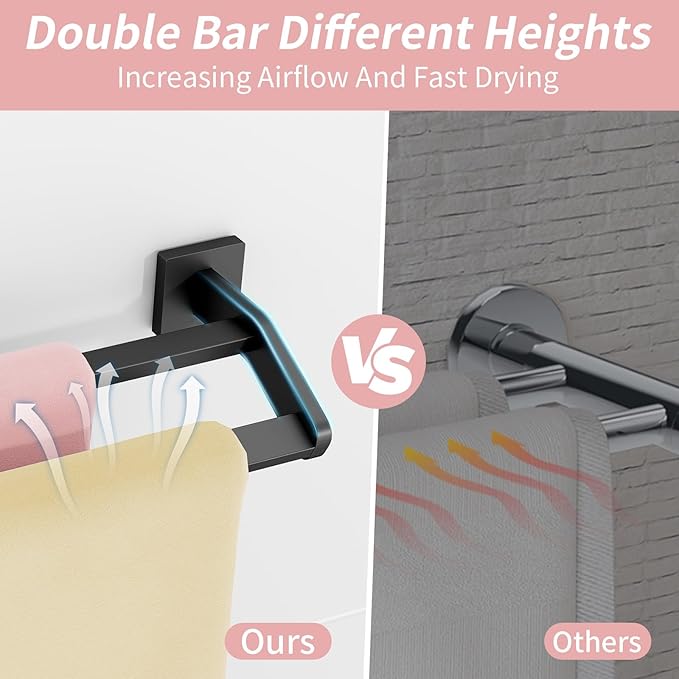 Double Towel Bars, 32 Inch Towel Holder Towel Racks for Bathroom, Stainless Steel Bath Towel Rack Towel Holder Wall Mounted, Black