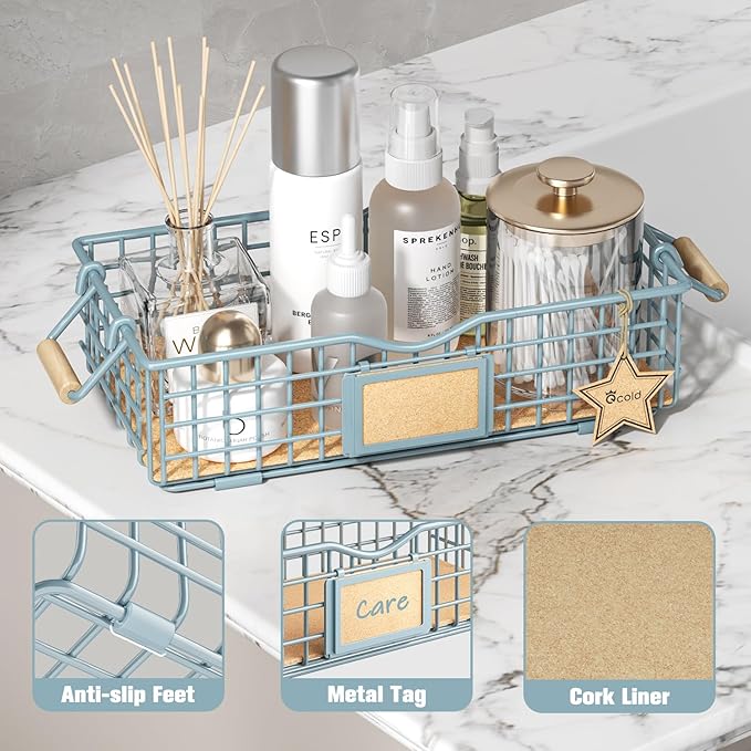 Bathroom Organizer Basket with Handle, Home Decor Basket- Bathroom Organizers and Storage - Exquisite Vanity Tray for Skincare - Restroom Counter Baskets for Organizing - Blue-NeatNest