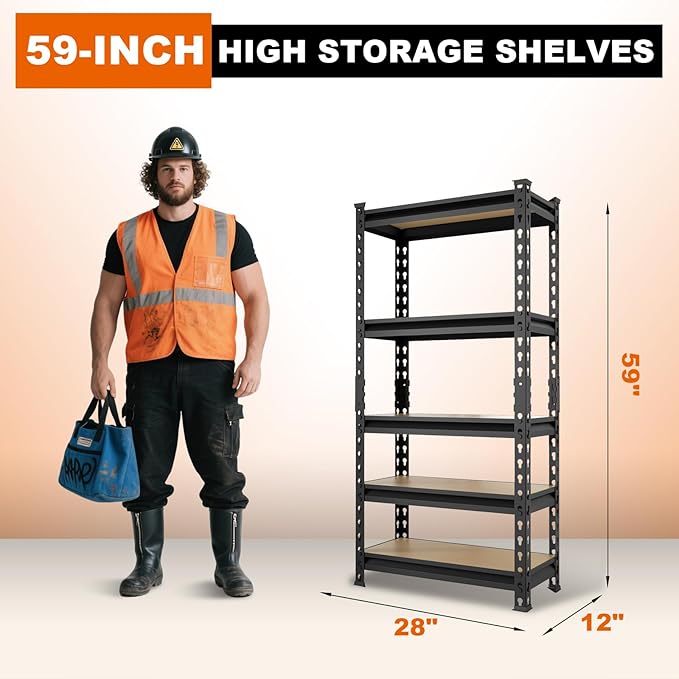 BIG RED Storage Shelving Unit, 5-Tier Adjustable, Heavy Duty Metal Garage Shelves/Utility Rack for Kitchen, Pantry, Basement, Bathroom, Laundry - 2,000 lbs Capacity, Black, 59" H x 28" W x 12" D-NeatNest