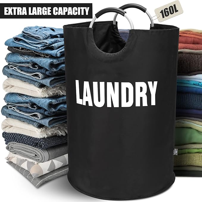 DOKEHOM 160L XX-Large Laundry Basket (7 Colors), Collapsible Laundry Bag, Foldable Laundry Hamper, Folding Washing Bin (Black, XXL)-NeatNest