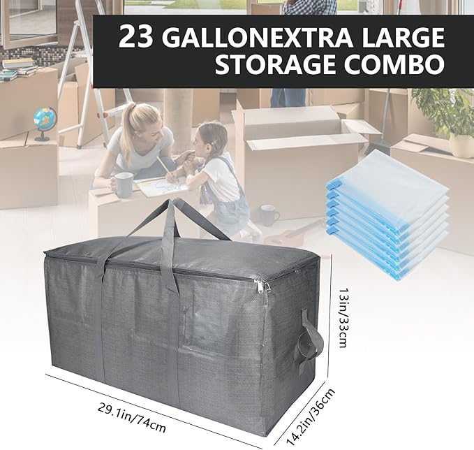 Extra Large Storage Bags Set Heavy Duty Moving Totes with Handles, Way Carrying Design For Dorm Room Essentials & College Moving Supplies, (Gray, 14 Park-4 Moving bag & 10 Vacuum Seal Bags)