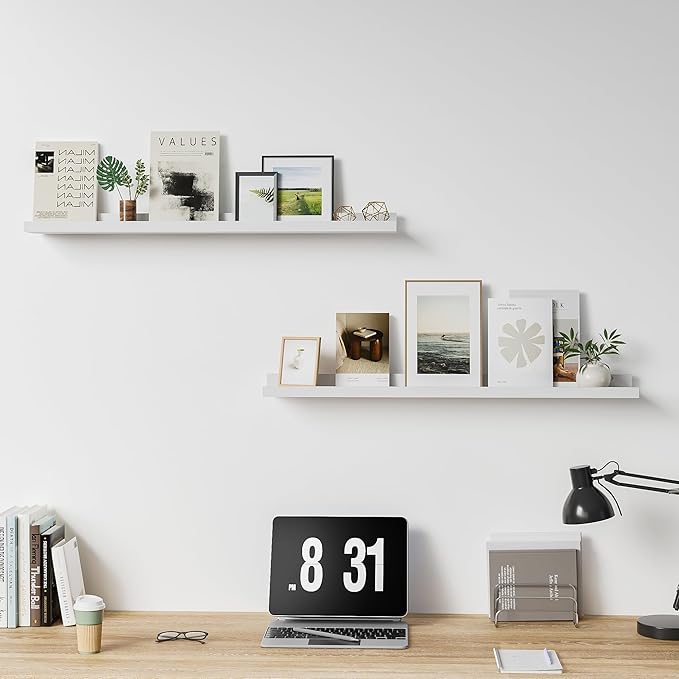 Floating Shelves for Wall, 36 inch Solid Wood Picture Ledge Shelf, Picture Shelf for Wall with Ledge, Floating Book Shelves for Living Room Bedroom Kitchen Nursery Decor, White, Set of 2