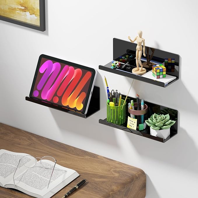 Acrylic Floating Shelves for Wall No Drilling, Self Adhesive Space-Saving Shelves, 12 Inch Floating Shelf Stick on Wall Shelf, for Bathroom, Kitchen, Bedroom, Office, Gaming Room, Black-NeatNest
