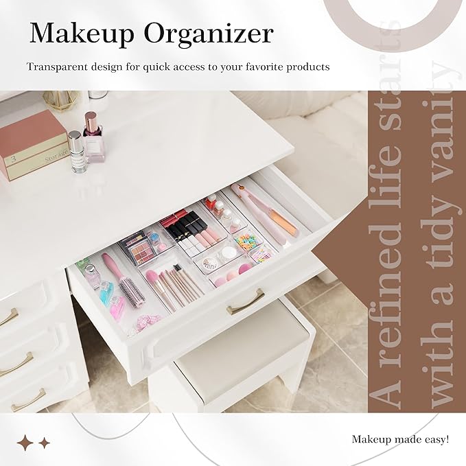 Criusia 11 PCS Clear Plastic Drawer Organizer Set - 5 Large Size Versatile Kitchen and Bathroom Organizer Trays, Non-Slip Storage Bins for Makeup, Utensils, Tool and Office Desk-NeatNest