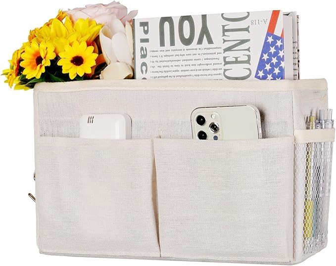 Bedside Caddy Hanging Storage with Water Bottle Holder for Bunk Bed Hospital Bed Dorm Rooms (White)-NeatNest