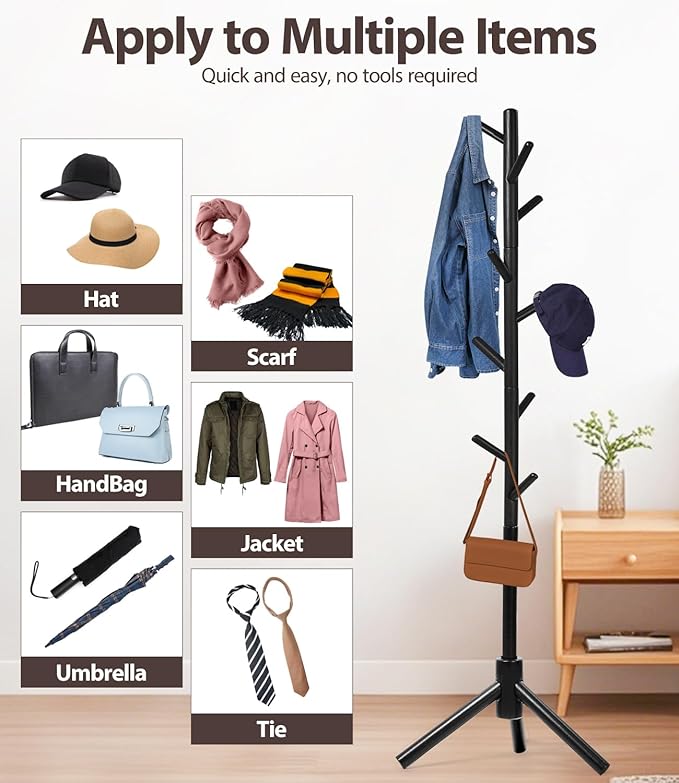 Beech Wood Coat Rack Stand with 9 Hooks, 3 Height Adjustable, simple Freestanding Solid Wooden Coat Tree Hanger for Clothes, Hats, Scarves, bags, Jackets, Bedroom, livingromm, Office (Black)-NeatNest