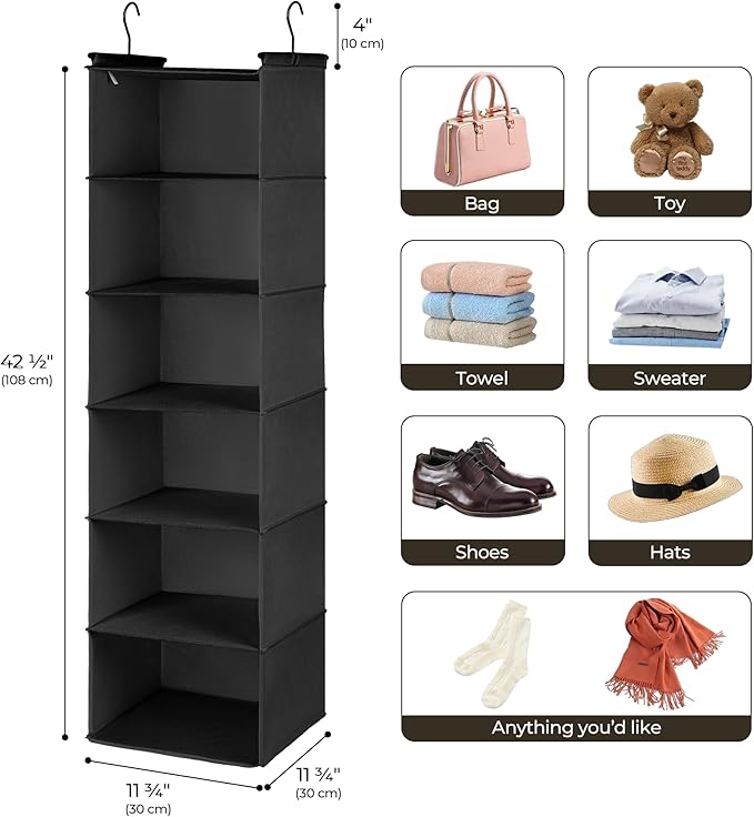 GRANNY SAYS 6 Shelf Hanging Closet Organizers and Storage, Collapsible Closet Hanging Organizer with 2 Sturdy Hooks, Large Hanging Shelves for Weekly Clothes Organizer, Black-NeatNest