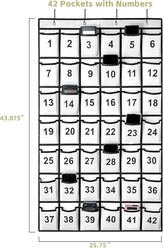 42 Pockets Numbered Classroom Pocket Chart for Cell Phones, Hanging Pocket Chart Storage for Classroom Phone Calculator Holder with 4 Hooks and 42 Clear Numbers Printing (White-42pockets)-NeatNest