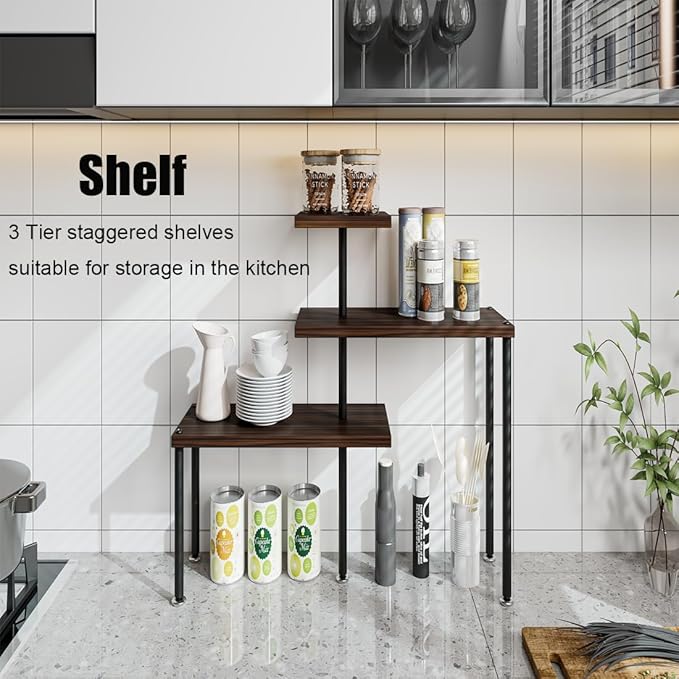 Countertop Organizer Organization 3 Tier Kitchen Corner Shelves Adjustable Spice Storage Rack for Bathroom Coffee Area Over Sink (Black Oak)-NeatNest