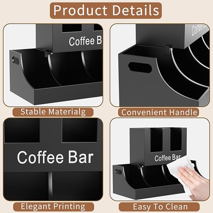 Coffee Station Organizer, Wooden Coffee Bar Organizer for Countertop, Condiment and Cup Storage Organizer, Bar Accessories for Kitchen, Office, Home, Black-NeatNest