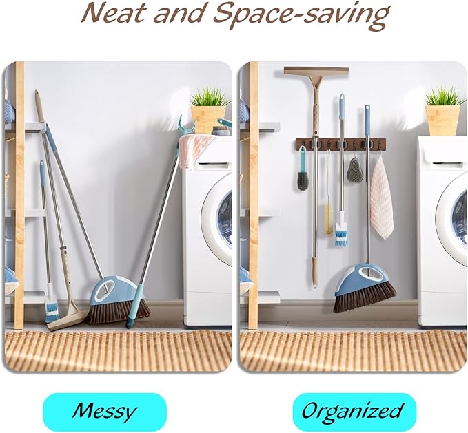 Mop Broom Holder Wall Mount with 3 Slots & 4 Hooks - Wood Broom Mop Hanger for Pantry Kitchen Organization - Garden Tool Organizer for Closet Laundry Room - for Rustic Farmhouse Kitchen Decor-NeatNest