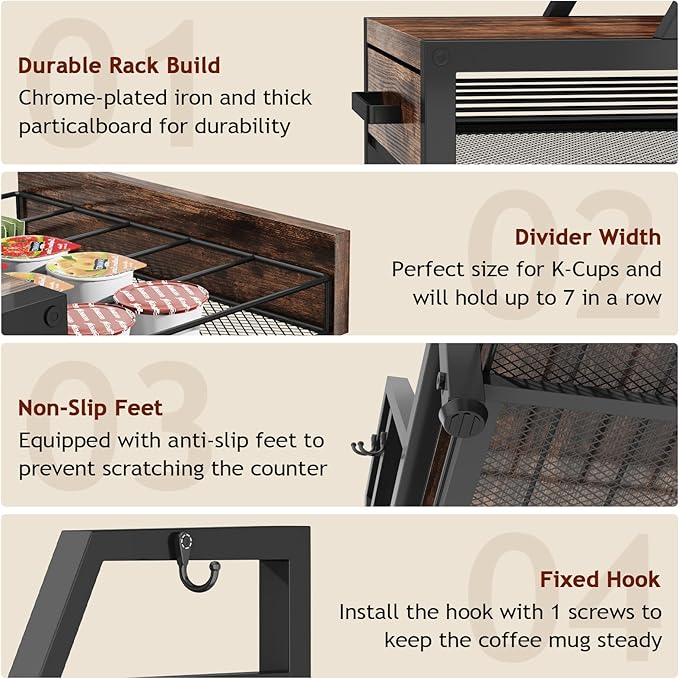 K Cup Holder Drawer - K Cup Storage Organizer, Coffee Pod Drawer with Hooks, Durable Iron-Wood Design, Space-Saving Coffee Station Organizer for Kitchen Counter-NeatNest
