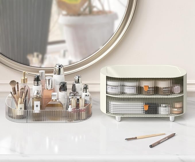 Makeup Organizer with 2 Drawers and 1 Clear Tray, Stackable Cosmetic Organizers and Skincare Storage box for Vanity and Countertop