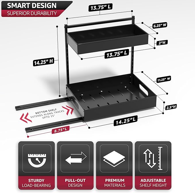 Sorbus Under Sink Organizer with Sliding Tracks – Pull Out Cabinet Organizer with Drawer & Installation Rails – Under Cabinet Bathroom Storage Organizer for Kitchen, Pantry, or Vanity –Black 1 Pack-NeatNest