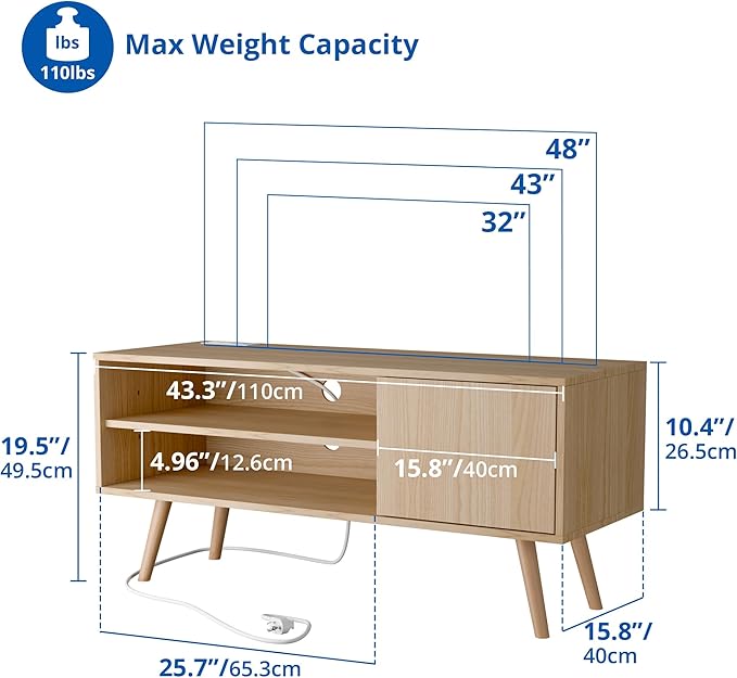 Cozy Castle TV Stand for 48 Inch TV, Mid Century Modern Entertainment Center with Storage Cabinet, TV Media Console with Charging Station for Living Room, Bedroom, Oak-NeatNest