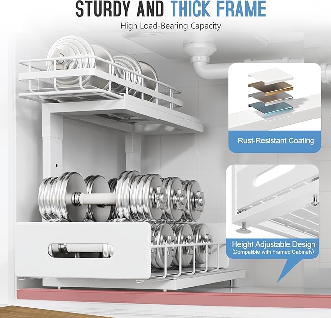 2 Pack Under Sink Organizer with Smooth Ball Bearing Slides, 2-Tier Pull Out Cabinet Storage, Slide Out Drawers for Bathroom and Kitchen, Under Sink Shelf, Rust-resistant Coating, Height Adjustable-NeatNest