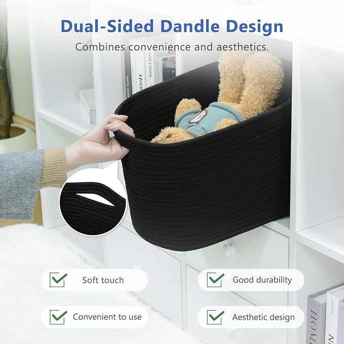 Cotton Rope Storage Basket, 15x10x9 Inches, Woven Basket for Shelves, Clothes, Toys, Towels, Books, and Laundry, Durable and Stylish, Black (2 Pack)-NeatNest