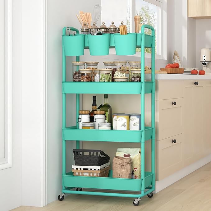 JIUYOTREE 4-Tier Plastic Rolling Storage Cart Utility Cart with Extra Hanging Cups Handles Lockable Wheels for Living Room Bathroom Kitchen Office Green-NeatNest