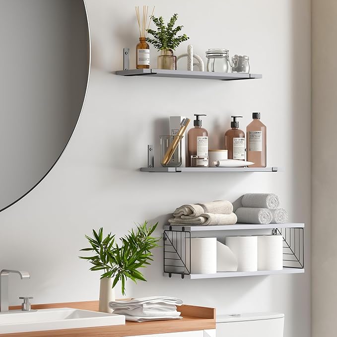 Fixwal 3+1 Tier Bathroom Floating Shelves Over Toilet, 15.8in Farmhouse Rustic Wood Shelves, Wall Decor for Bathroom, Living Room,Bedroom and Kitchen (Gray)-NeatNest