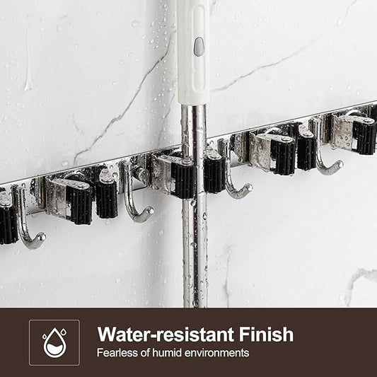 Broom Holder Wall Mount, Stainless Steel Broom Hanger Wall Mount, Heavy Duty Mop and Broom Holder Tool Racks Utility Hooks for Laundry Room Garden Garage, Grey (4 Racks and 5 Hooks)-NeatNest