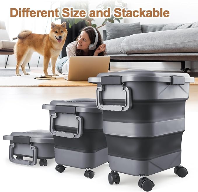 Dog Food Storage Container, 2 Pack 20 lbs Airtight Collapsible Cat Food Storage Container with Attachable Wheels, Portable Handle, Dog Food Scoop for Dog Cat Bird Pet Dry Food Storage Bin Medium-NeatNest