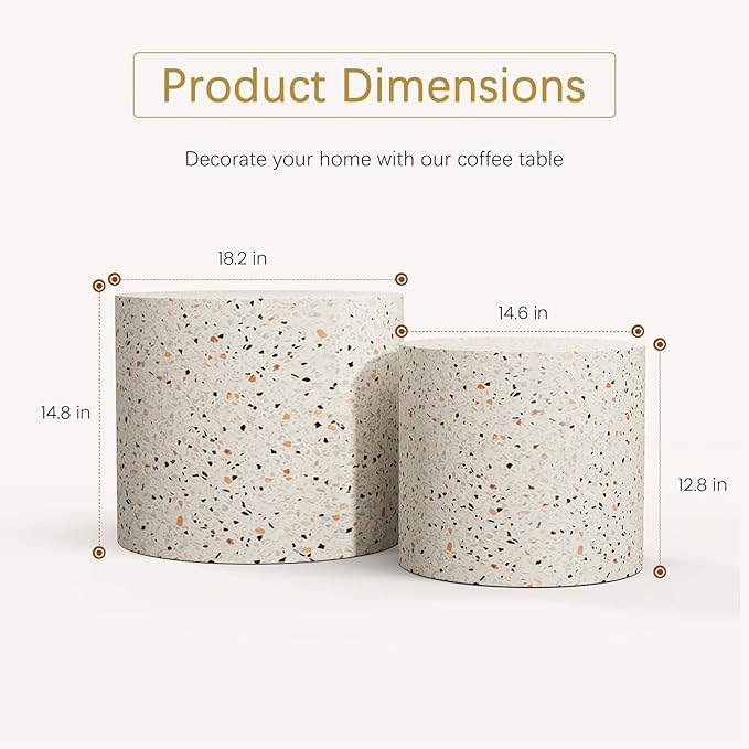 Round Coffee Table Set of 2 Modern Nesting Coffee Tables Wooden Drum Coffee Tables with Non-Slip Feet, Circle Nesting Tables End Table for Living Room Office, No Assembly (Terrazzo 18.11"+14.57")
