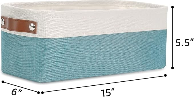 DULLEMELO Fabric Bathroom Storage Bin with Leather Handles, Narrow Organizer for Towels, Toilet Paper Rolls, Storage Basket for Back of Toilet, Vanities, Shelves & Cabinets (White&Teal)-NeatNest