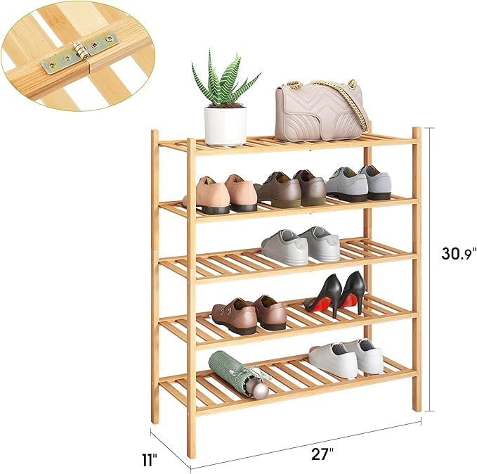 BMOSU 5-Tier Bamboo Shoe Rack Premium Stackable Shoe Shelf Storage Organizer for Hallway Closet Living Room Entryway Organizer (Natural Bamboo)-NeatNest