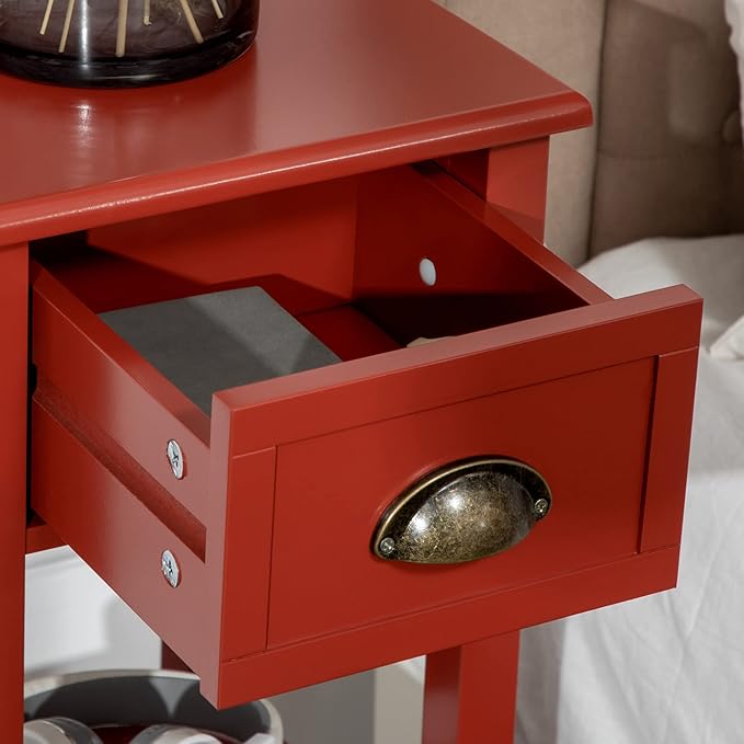 HOMCOM 2-Tier Side Table with Drawer, Narrow End Table with Bottom Shelf, for Living Room, Set of 1, Red
